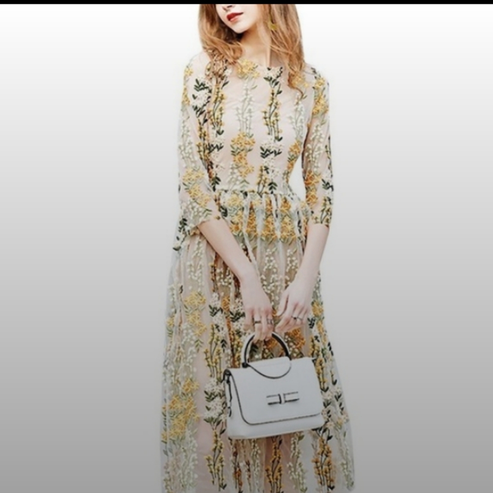 Metisu Yellow Mesh Floral Embroidered Midi Dress
